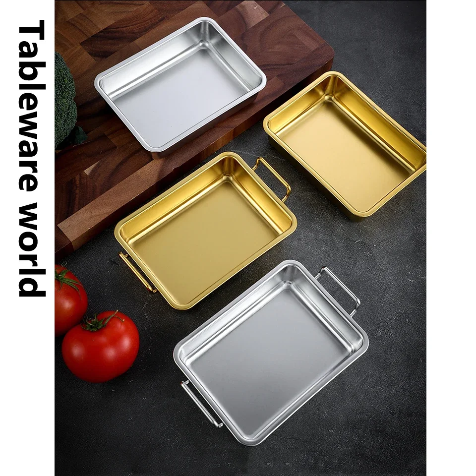 304 Double Ear Square Plate Golden Stainless Steel Fried Chicken Plate Restaurant Creative Snack Candy Fruit Gold Serving Tray