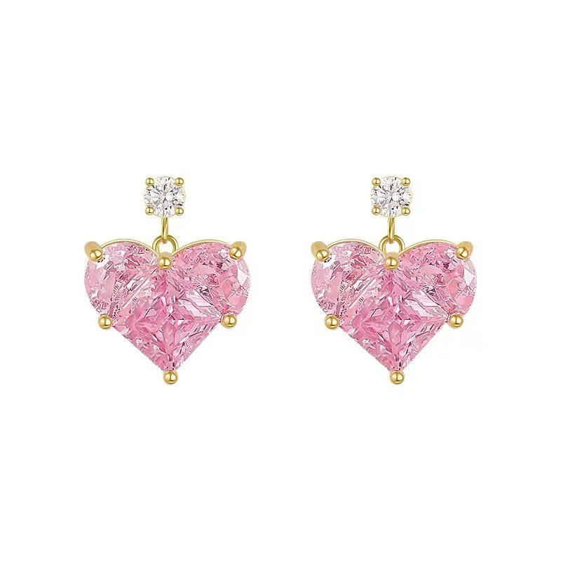 Fashion Pink Love Heart Crystal Earrings for Women Diamond Stud Earring Wedding Engagement Earrings Birthday Party Gift Jewelry