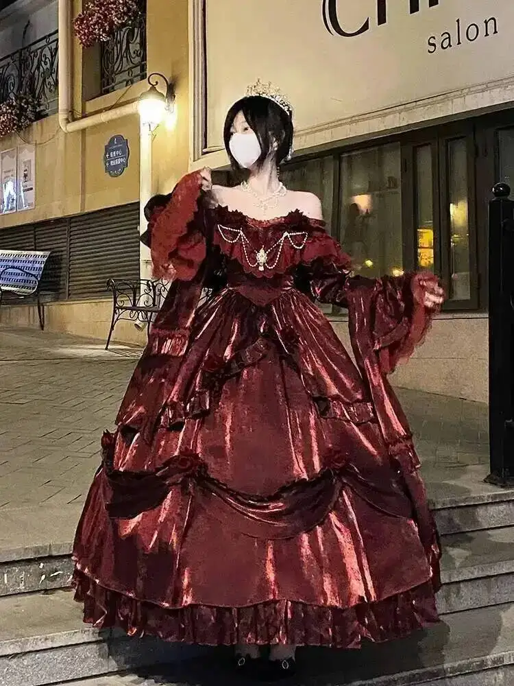 Beauty Princess Dress Red Lolita Skirt Long Dress Elegant Lolita Outfit Heavy Industry Skrit Flower Red Dress Red Passion Dress view 5
