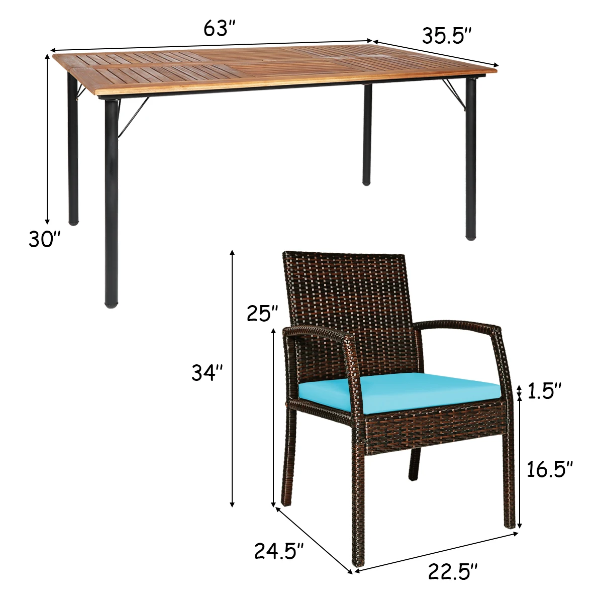 7 Stück Patio Rattan Esszimmers tuhl Tischset mit Kissen & Loch Türkis