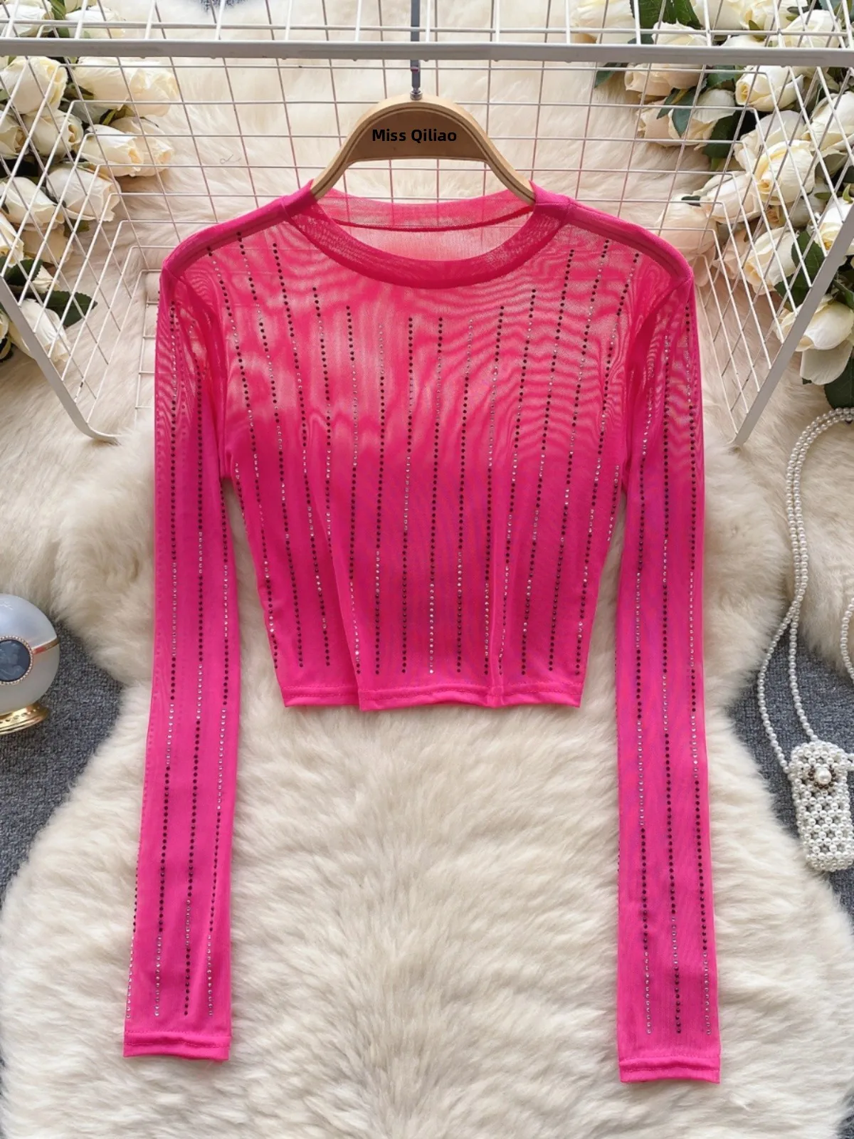 Women's Sexy ort Crop Top Pure Color Long Sve Base irt Heavy Embroidery Me See-tough Belly Baring Korean Sle T-s...