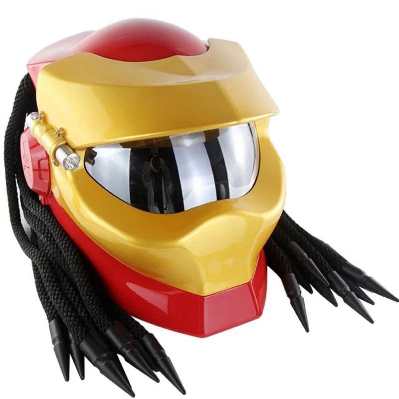 Glossy Predator Fiber glass Motorcycle Helmet Full Face Iron Warrior Man unique stylish flip up Helmet moto with LED spotlight