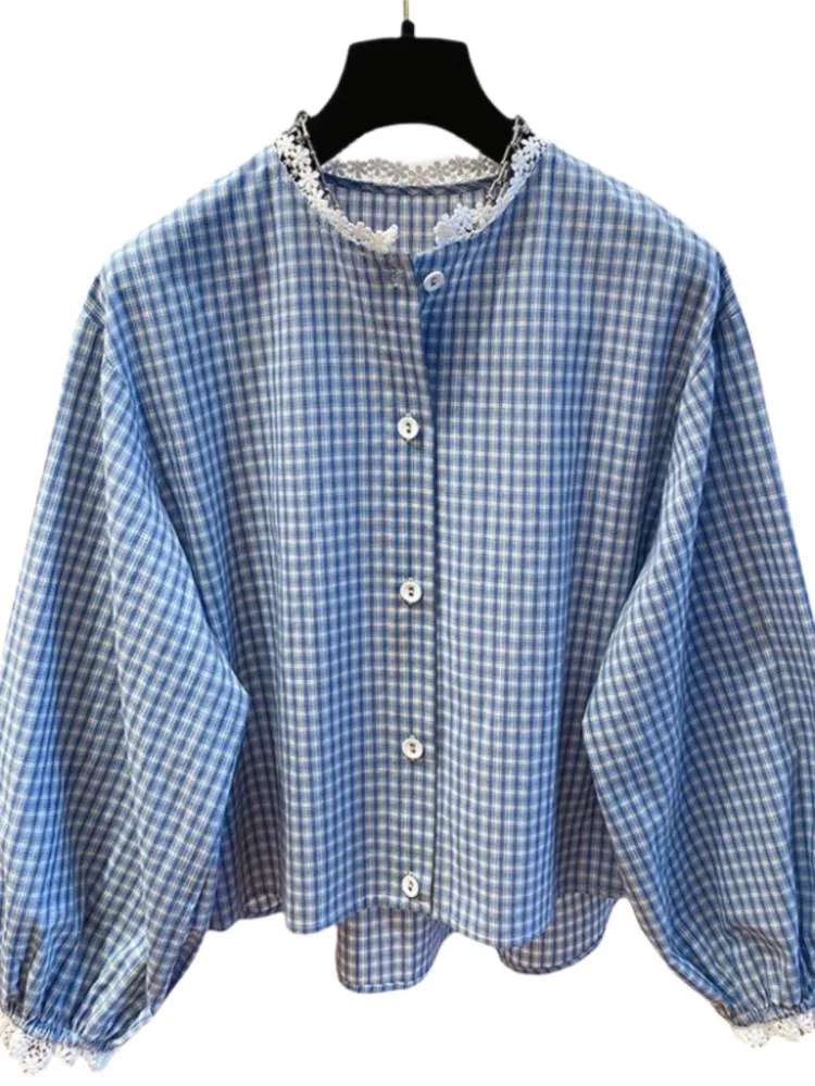 New Round Neck Plaid Shirt Long Sleeve Charming Women Shirts Gentle Versatile Women Blouse