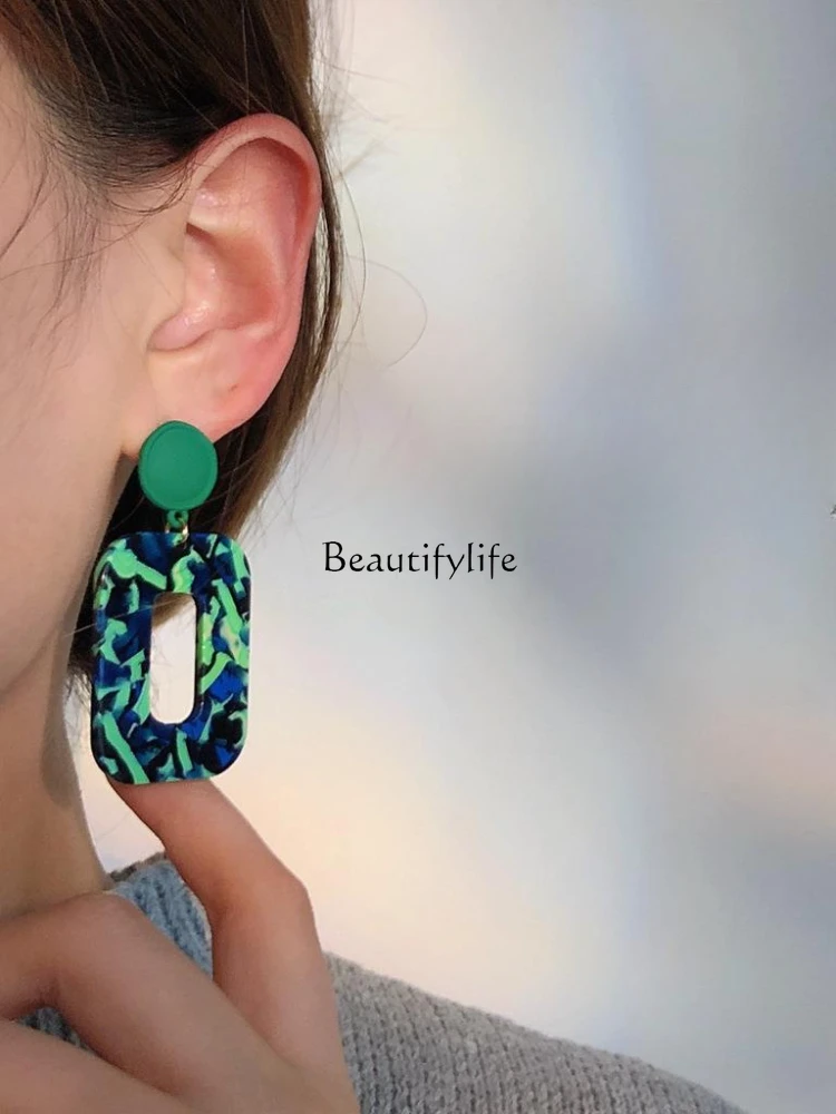 Retro Square Earrings for Women, Hong Kong Style, Blue and Green Color Matching, Acrylic, High-Key, Dignified Fashion