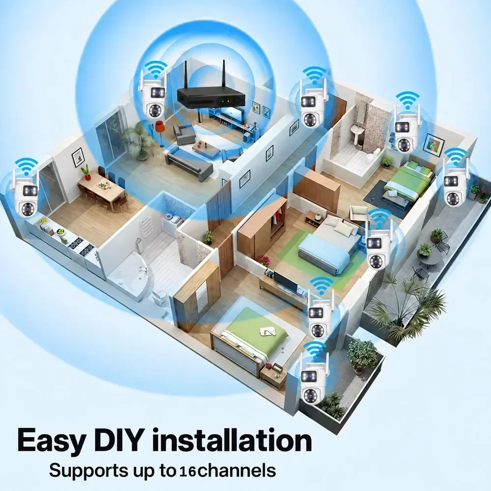 8MP 4K 16CH Wi-Fi NVR CCTV System 4 Dual Lens PTZ Security IP Cameras 355° Pan 90° Tilt Two Way Audio Motion Detection EseeCloud