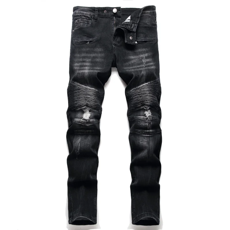 

New Motorcycle Men Jeans Fashion Spliced With Tears Black Straight Fit Water Washed Casual Large Size Versatile Denim Pants