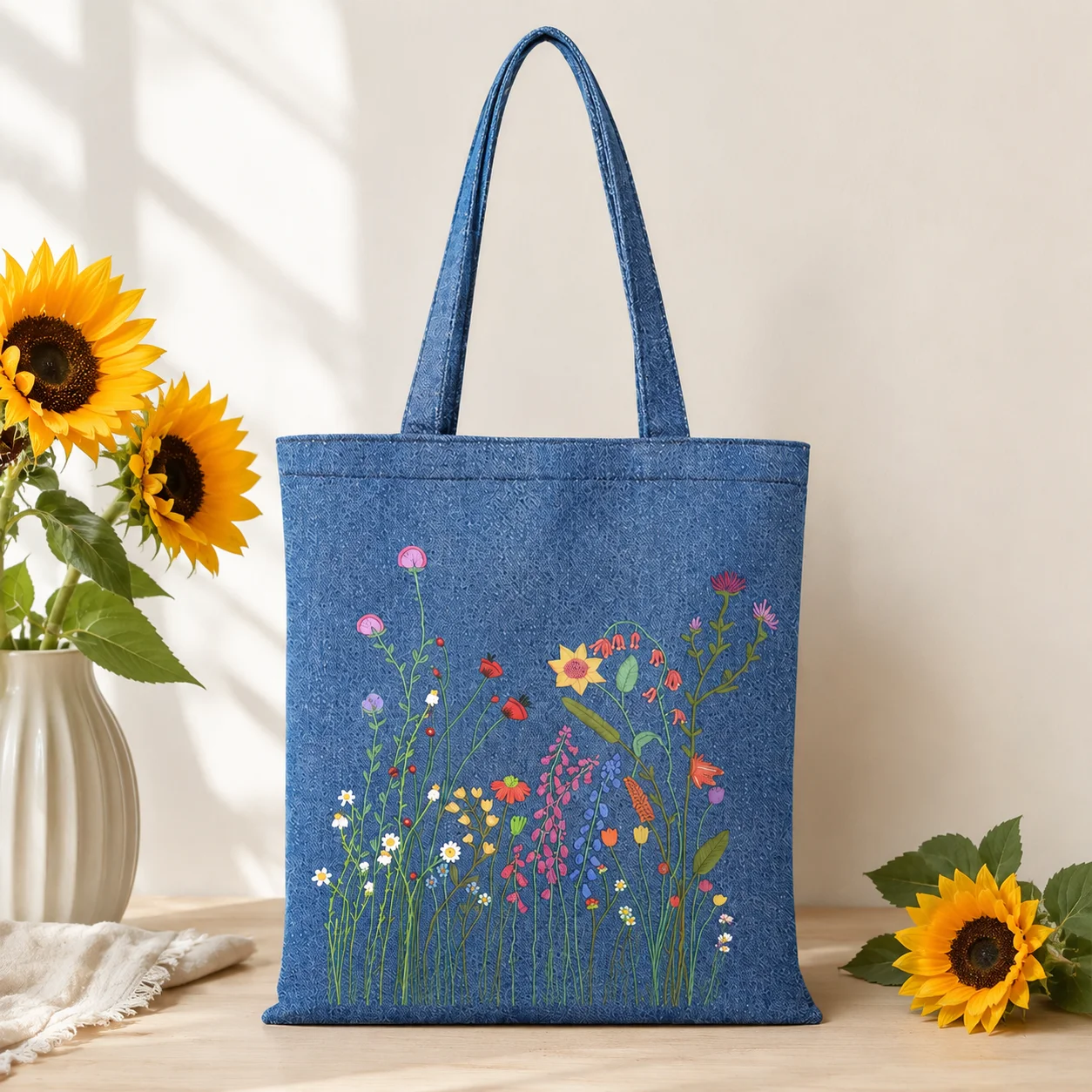 Wildflower Denim Tote Bag Colorful Meadow Floral Print Shoulder Bag Aesthetic Nature‑Lover Reusable Shopping Handbag