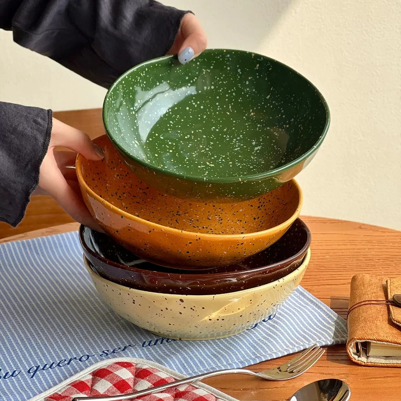 Ins Matte 8.5 Inch Deep Plates Vegetable Plate Colorful Dessert Salad Dish Bowls Korean Retro Splash Ink Dot Large Ceramic Plate