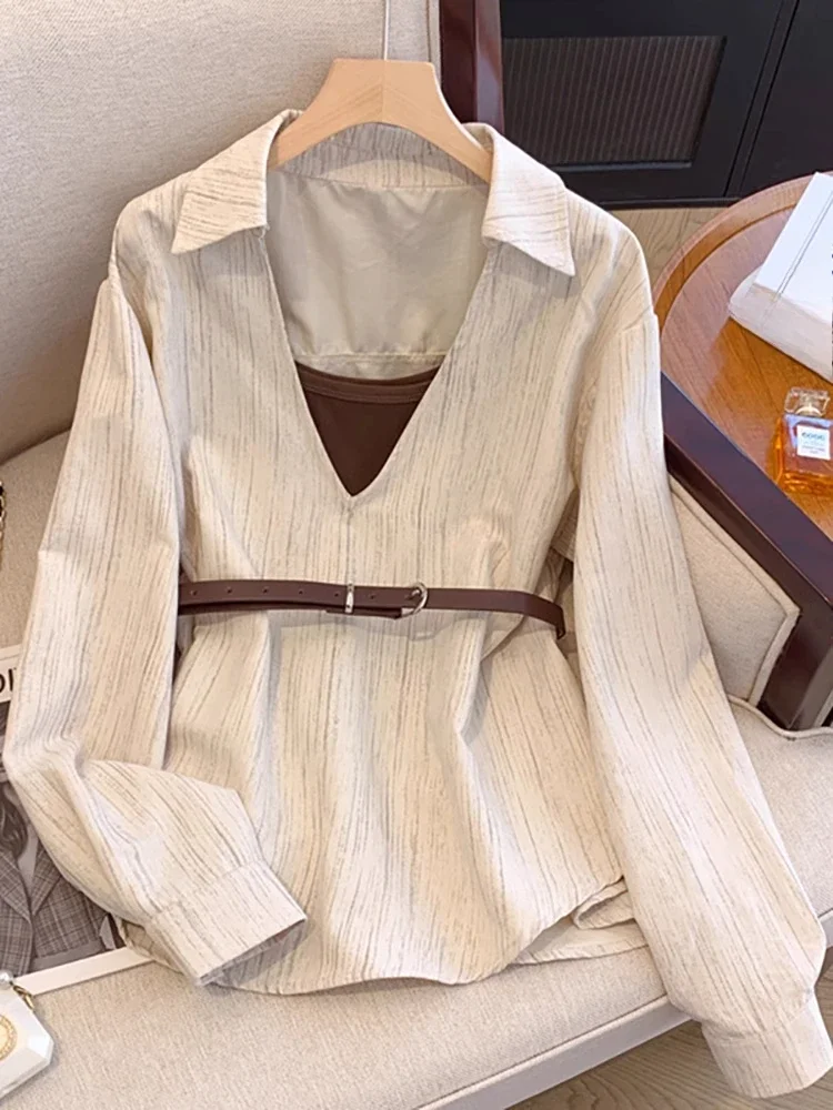 Moda Eleganckie Bluzki Wiosna I Jesień Leniwy Styl Dwuczęściowy Zestaw Koszule z Paskiem Regularne Topy Biurowe 2025 Odzież Damska