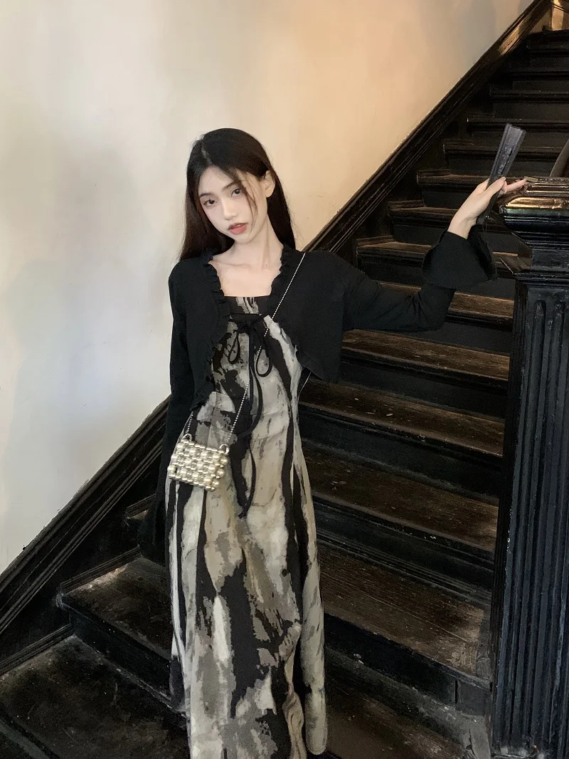 

Винтажные комплекты, женский повседневный кардиган с длинными рукавами, бандажное платье миди без рукавов с рюшами, тай-дай, уличная одежда в китайском стиле, новинка