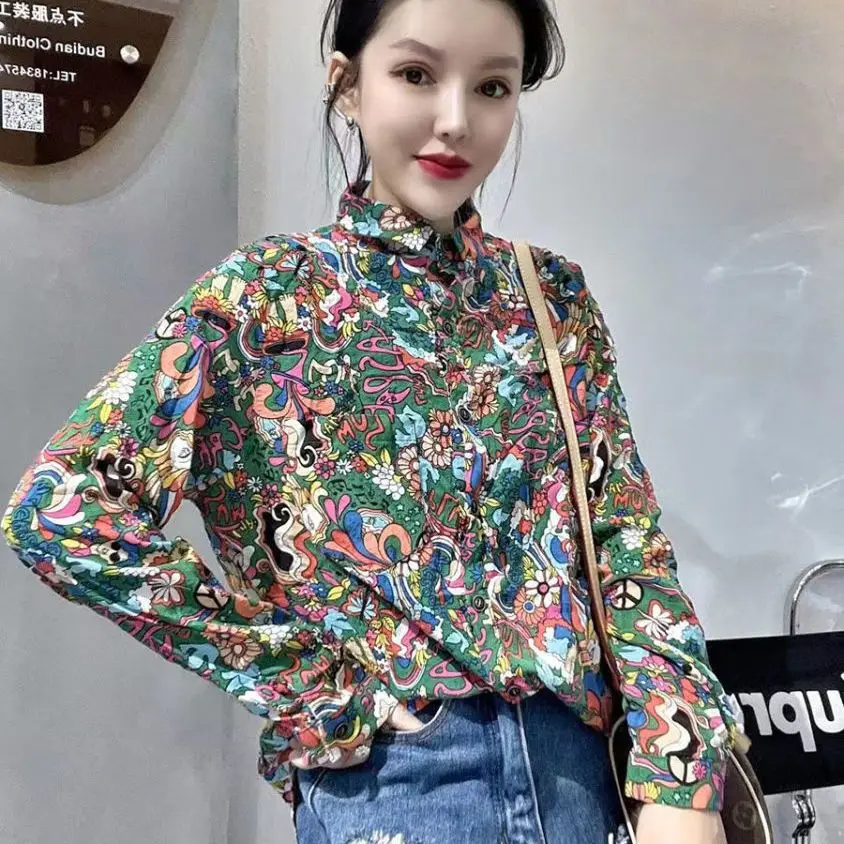 2024 Spring New Fashionable Casual Versatile Western Style Floral Polo Collar Shirt Women Button Open Long Sleeve Comfortable