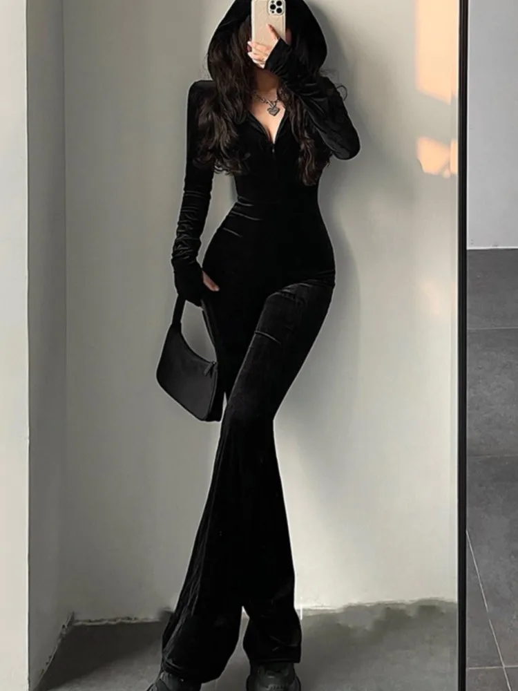 Y2k Sexy Bodycon Black Velvet Jumpsuit Women Fashion Hooded Zipper Flare Pants Rompers Vintage Autumn Streetwear Winter Outfits