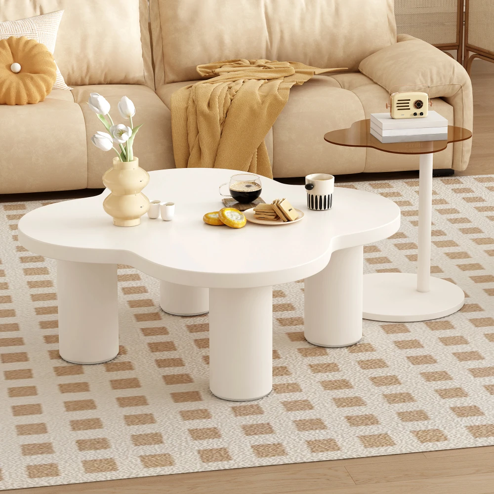 

Modern Coffee Table Set of 2, Shape Coffee Table with Four Roman Column Legs and End Table with Glass Top for Living Room