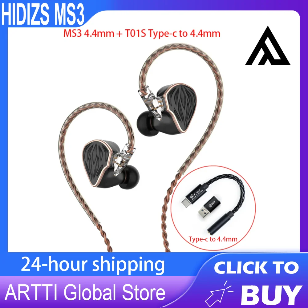 Hidizs MS3 + T01S 3.5/4.4 2BA+1DD Hybrid HiFi Hybrid 3 Drivers in-Ear Monitor Wired Headphones with 2Pin 0.78 OFC Gold-plated