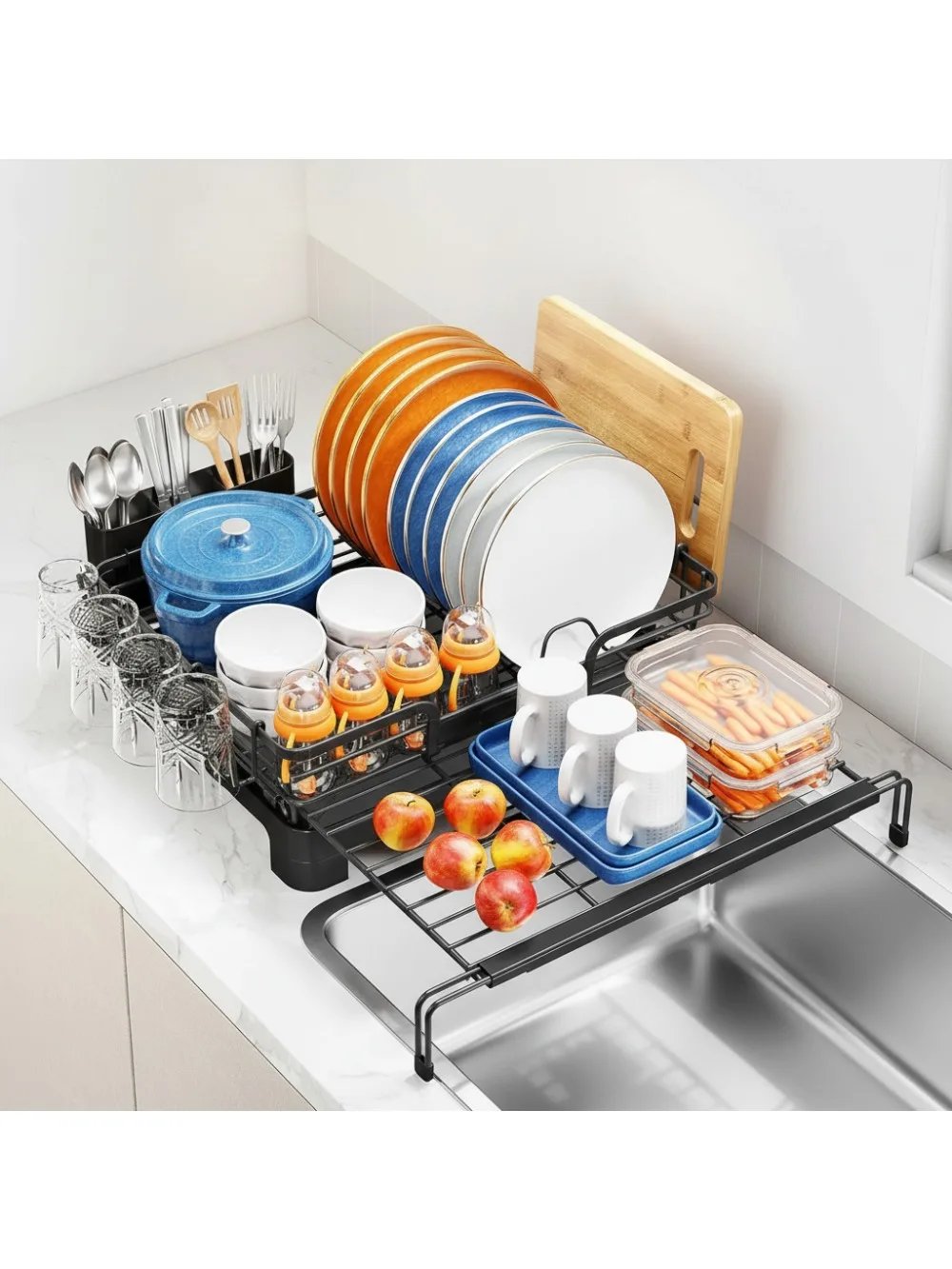 

Выдвижная сушилка для посуды, сушилка для раковины 2-в-1 большой емкости для кухонной стойки, черная