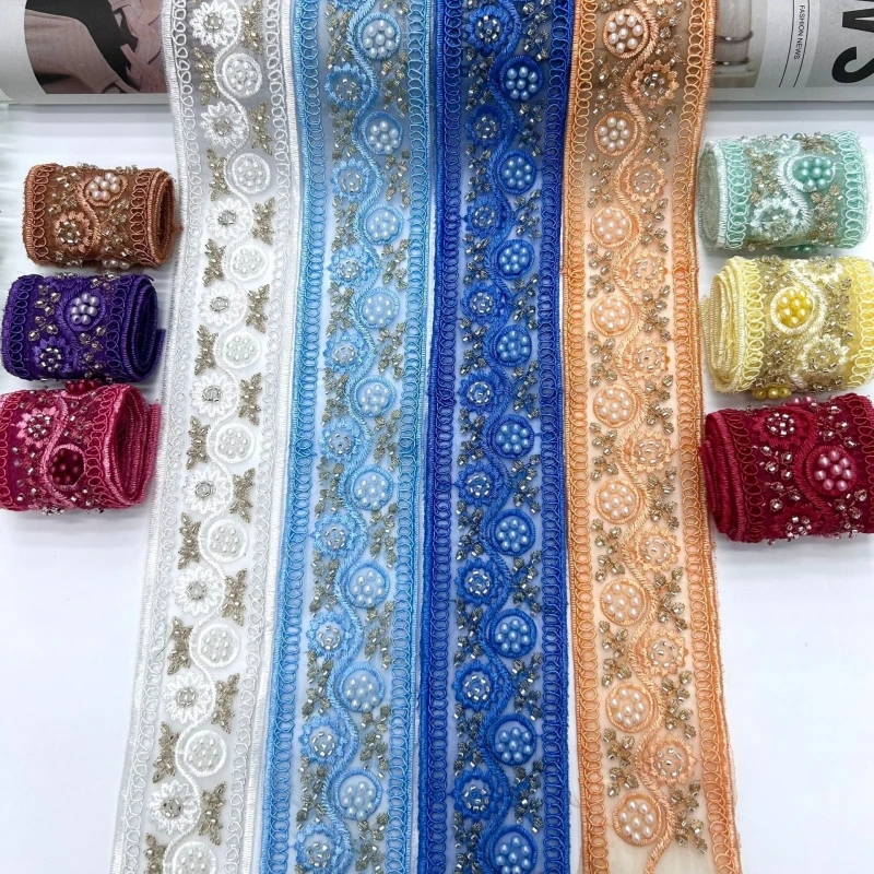Beaded Sequin Lace Trim  Embroidered Mesh Ribbon for Lolita Dress,Hanfu DIY Craft, Vintage Guipure Sewing Tape 10 Yards