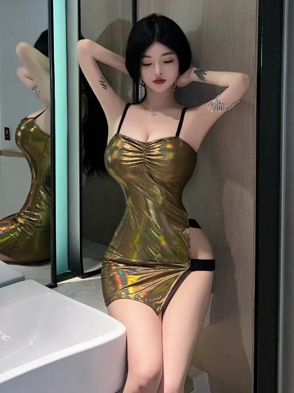 Pasión transparente elegante maduro ahueca hacia fuera la tentación chica picante Sexy colgante ahueca hacia fuera el vestido súper corto de corte bajo chica HT1N