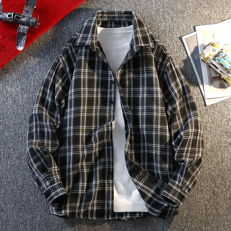 OIQERE Mens New Season Long Sleeve Plaid Shirt Loose Fit Japanese Simple Cool Casual Outerwear For Spring Autumn Daily Outfit