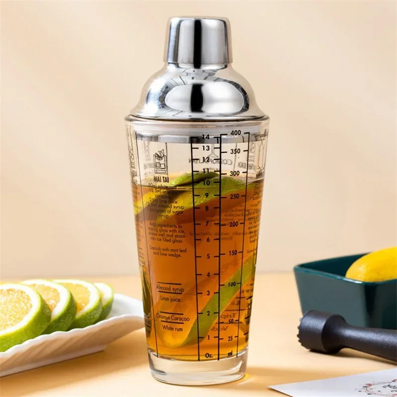 

400/600ML Glass Cocktail Shaker Hand Shaker Cup with Scales Lemon Milk Tea Shaker Cup Stainless steel Lid Wine Drink Mixer Bar