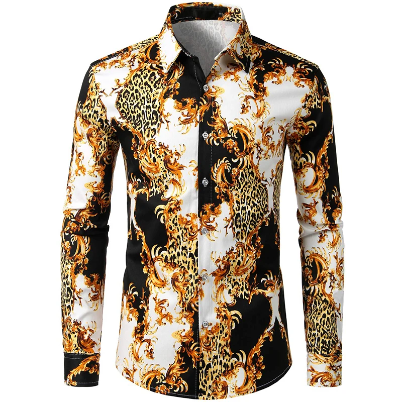 Men\'s Hipster Retro Rose Floral Graphic Shirts Full Printed Casual Slim Fit Long Sleeve Streth Shirt For Men Button Up Blouse