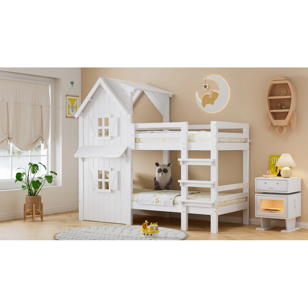 Kinder-Etagenbett mit schönem Fenster und seitlichen Sicherheitsgeländer auf dem Dach, dreistufiger gerader Leiter, stabiler Lattenrost – Detail 23