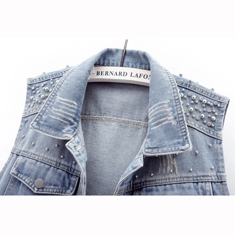 2025 Summer New Beaded Diamond Frayed Light Blue Slim Short Denim Vest Women Fashion Lapel Sleeveless Cowboy Waistcoat Female