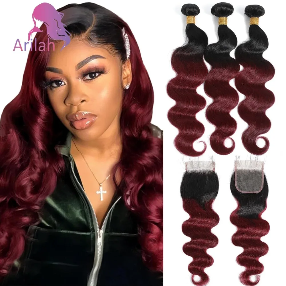 

12A T1B99j Объемная волна Пучки человеческих волос с 4x4 кружевной застежкой Двойной уток Бразильские девственные волосы Полный конец 100 г/шт.