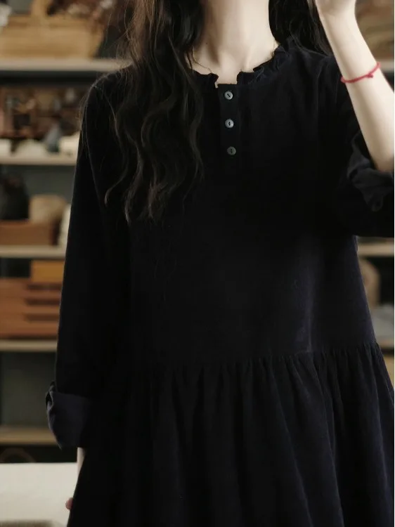 Winter Corduroy Dr Women's New 2025 High-End Gourmet Cap Collar Loose Midi Skirt Year End High-End Feelings Faionable