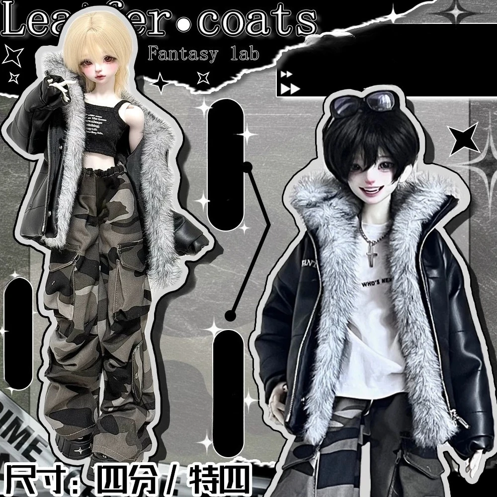 

1/4 Doll's Clothes for 45cm Bjd Doll Leather Jacket Cotton Robe Detachable Double Haired Collar Dress Up Toys Doll Accessories