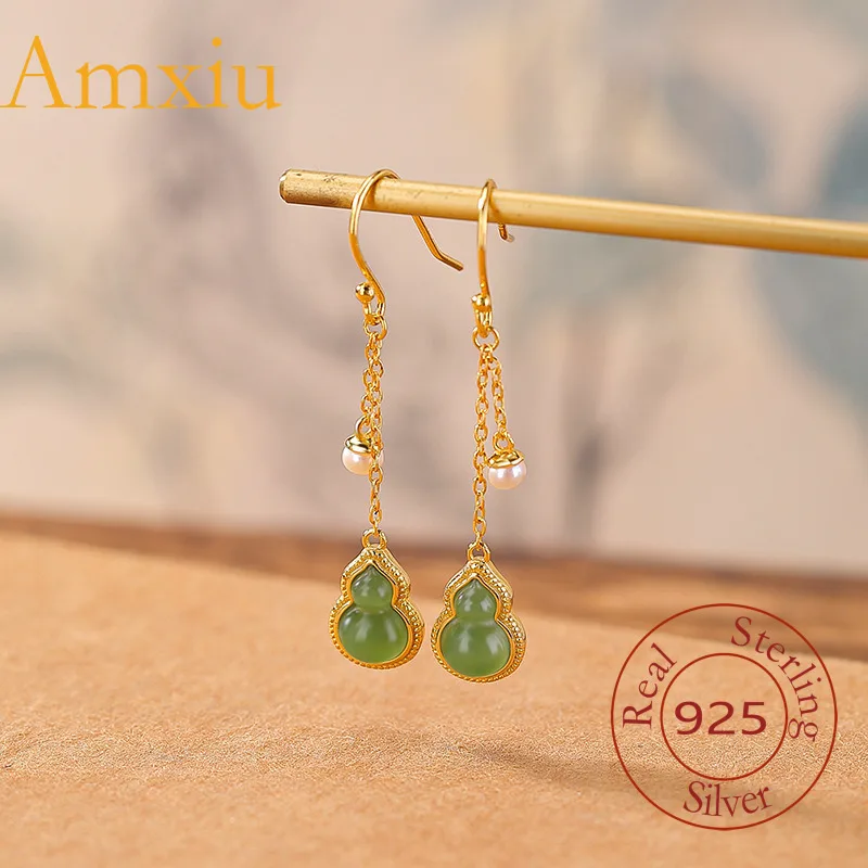 

Длинные серебряные серьги Amxiu из стерлингового серебра 925 пробы с позолотой из натурального нефрита Хэтянь, яшмы, новые длинные серебряные серьги в китайском стиле с жемчугом тыквы
