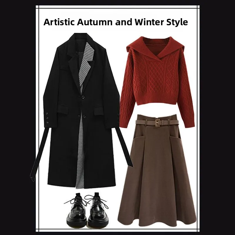 

Korean Style Knitted Sweater And Skirt Set Women's Mid-Length Coat Autumn Winter Fashion Elegant High-End Feeling Clothes