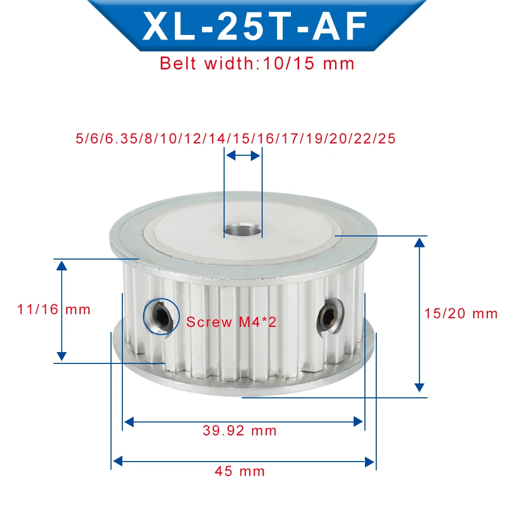 Timing Pulley XL 25T Bore 5/6/6.35/7/810/12/14/15/16/17/19/20/22/25 mm Alloy Pulley Teeth Pitch 5.08 mm Belt Width 10/15 mm