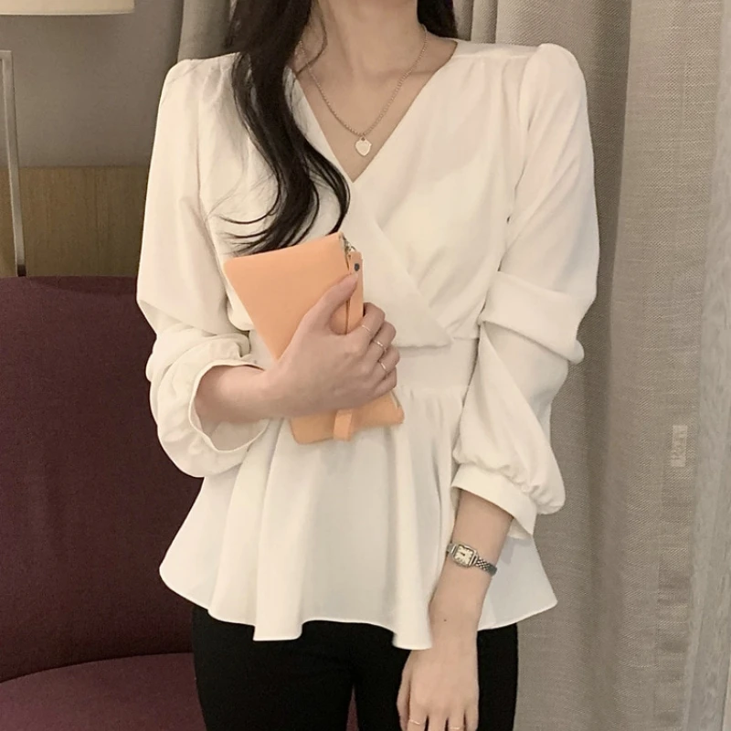 

Spring Autumn Cross V-neck Women's Blouses 2025 New Long Sleeve Ruffles Lace Up Solid Elegant White Casual Shirts Female