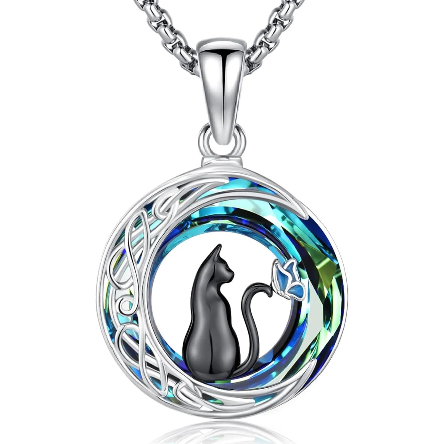 

Ожерелье с черным котом, стерлинговое серебро 925 пробы, кристалл, кошка, луна, бабочка, кулон, кельтские украшения, подарки для женщин, выпускной, день рождения