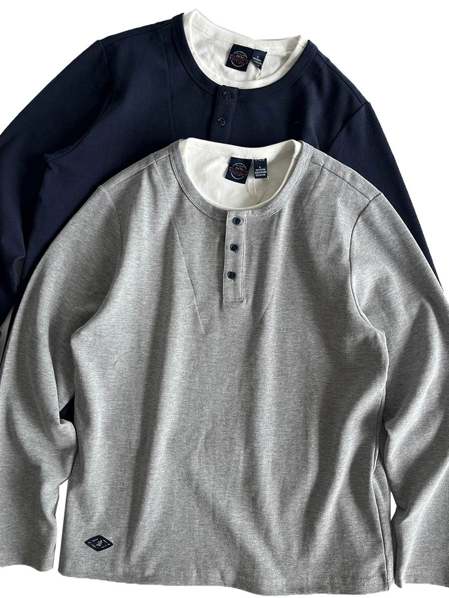 

Japanese Vintage Henry Collar Long Sve T-irt Men's Casual Layering Lazy Base irt Sweatirt Loose Fit Cotton Crew Ne