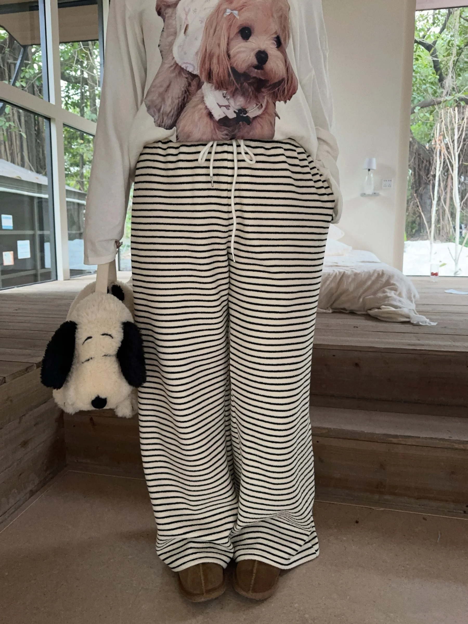 

Boolibyoo Lazy Stripe Wide Leg Casual Pants Loose Feel Fce Large Size Comfortable Leisure Trousers for Women