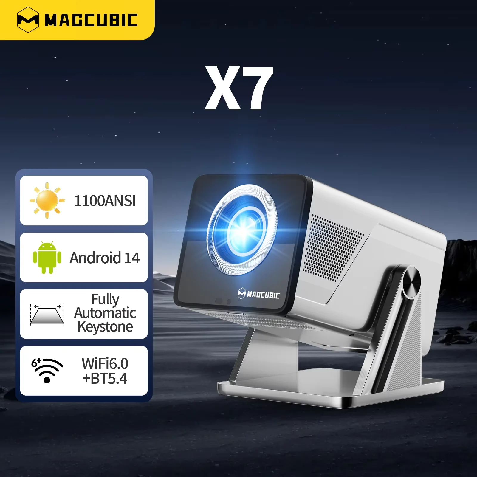 Projektor kina domowego Magcubic X7 8K z natywnym rozdzielczościem 1080P, automatycznym ustawianiem ostrości, 1000 ANSI, WiFi6, BT5.4, Android 14, Allwinner H726