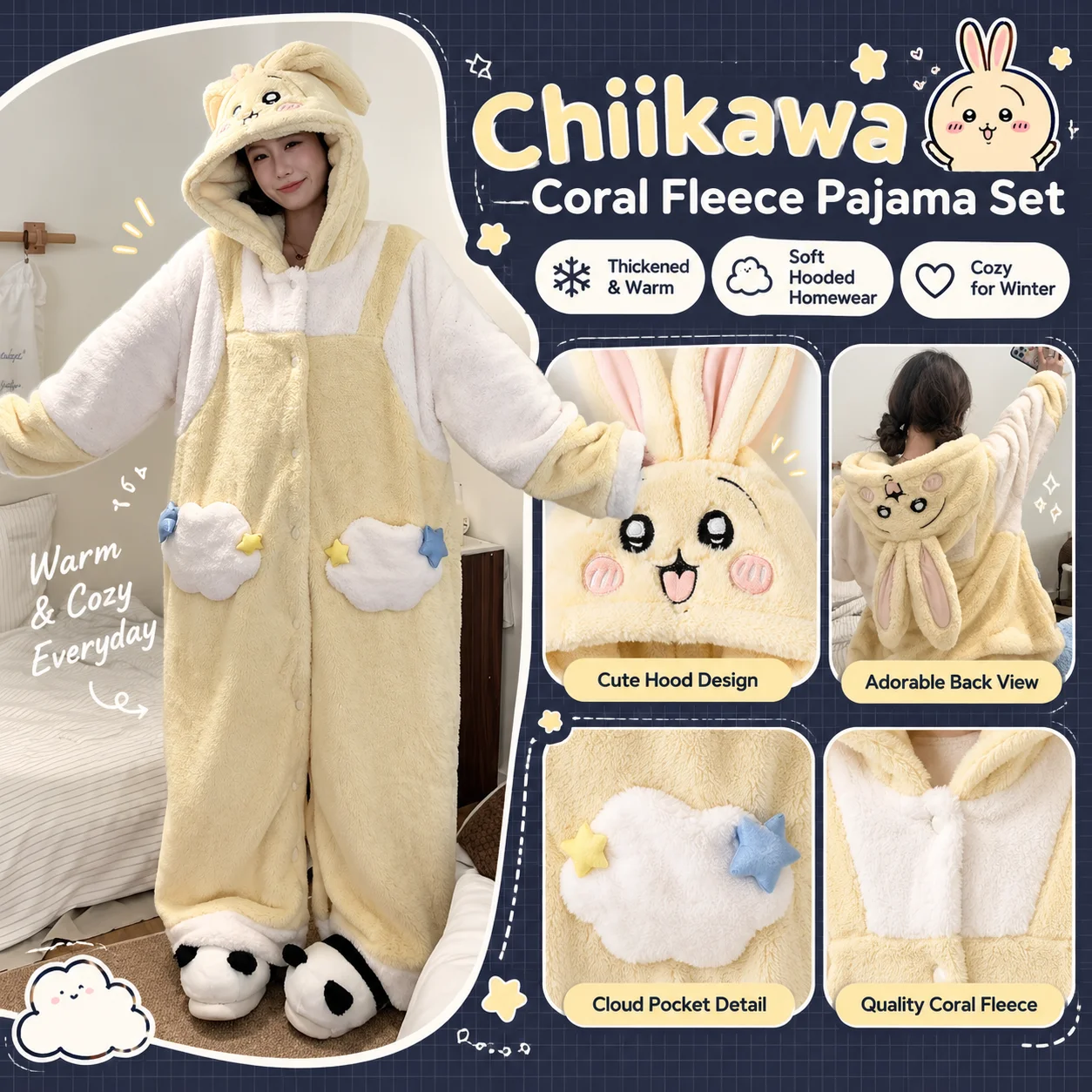 New Chiikawa Usagi Plush Winter Warm Thick Coral Fleece Pajamas Halloween Cosplay Outfit Couple Home Pajama Set Soft Loungewear
