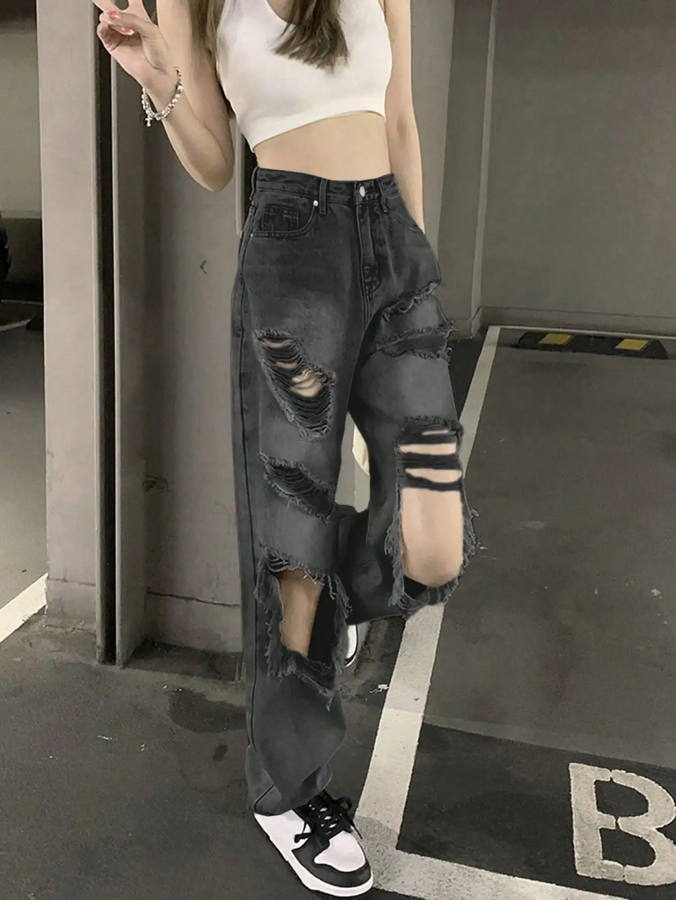 South Korea's Dongdaemun Straight-Leg Jeans Women's Summer New Slim High Waist Revealing Knee Street Ripped Wide Leg Pants