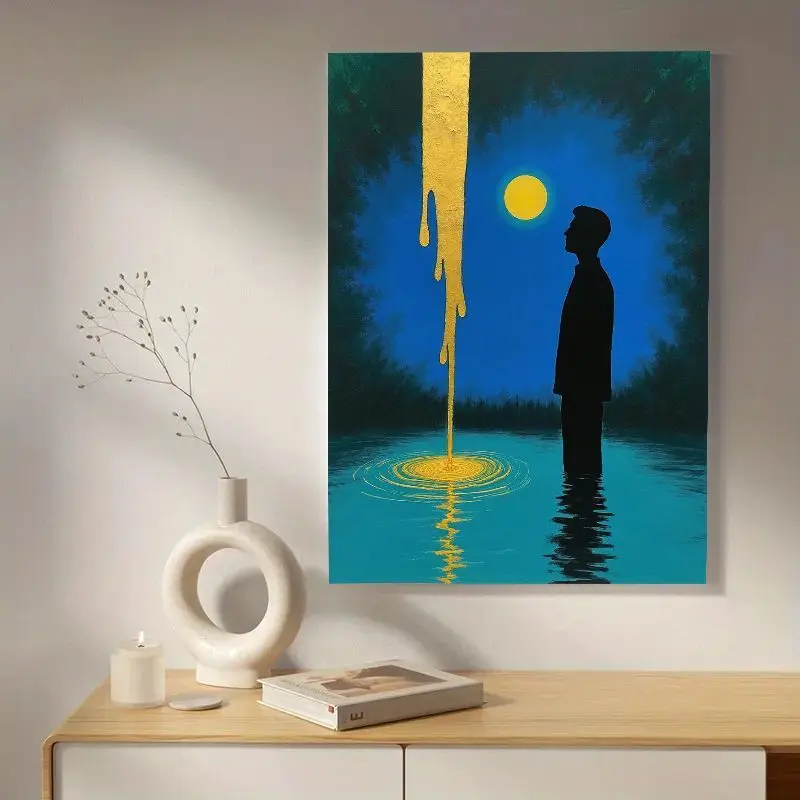 لوحة فنية جدارية تجريدية بدون إطار من القماش - لوحة حديثة بسيطة مع شلال ذهبي وبركة قمر - ديكور للتأمل الهادئ #3