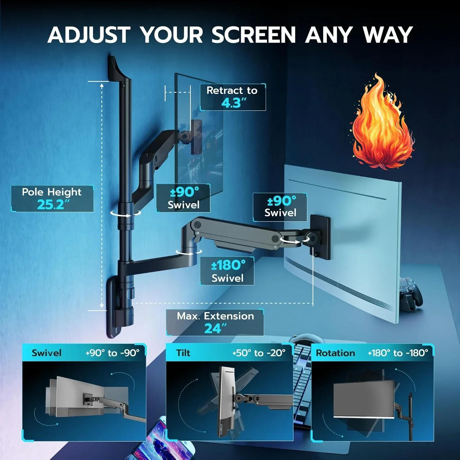 

Настенное крепление для двух мониторов 17-49 дюймов, сверхширокие экраны, усиленное настенное крепление, выдерживает по 44 фунта (20 кг) каждый, полностью регулируемое.