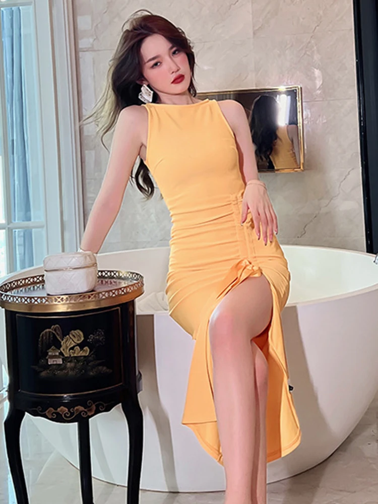 Casual Sweet Party Dresses for Women Chic Sexy Vest Skinny Bandage Folds Slit Robe Feminine Prom Holiday Club Vestidos Vacation