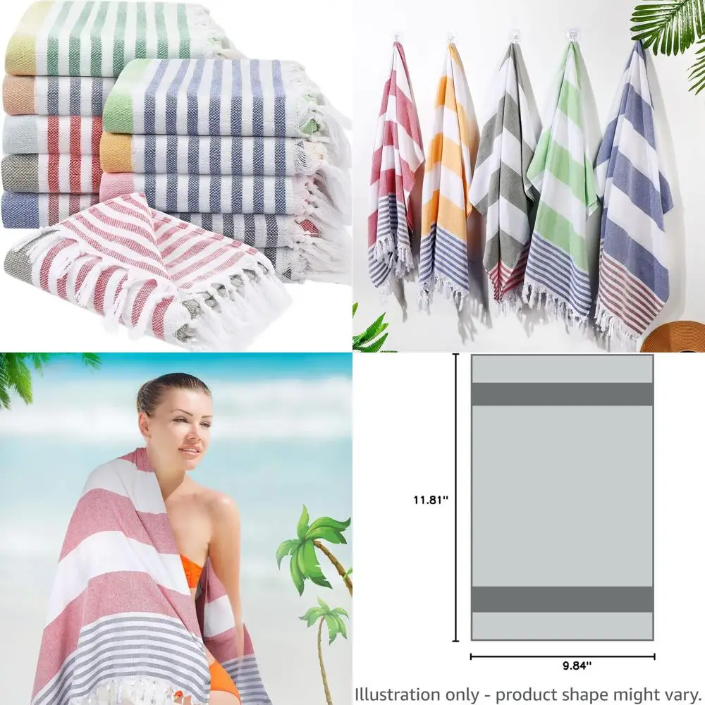

10 Pack Cotton Beach Towels, Quick-Dry, 71x40 Inches, Lightweight, Sand-Free, Tassel Striped, Ideal for Shower, Gym, Yoga