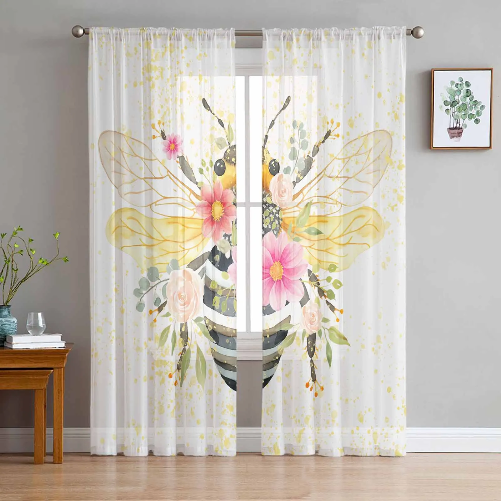 Bee Circles Watercolor Flowers Sheer Curtains for Living Room Decoration Window Curtains Kitchen Tulle Voile Organza Curtains