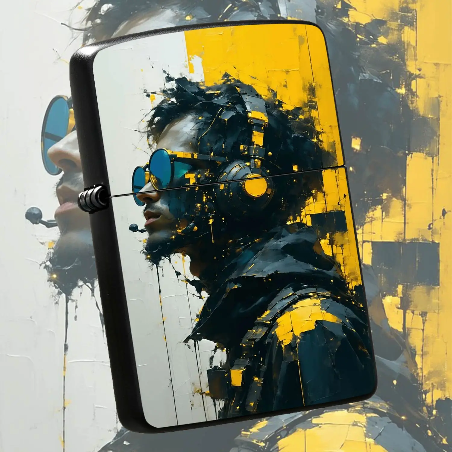 Cyber Art Portrait Print Lighter, Trendy Black Yellow Contrast Abstract Oil Painting Texture Portable Accessory, Ideal For Daily Use Outdoor Scenes, Creative Exquisite Gift For Friends And Trend Enthusiasts A Humorous And Interesting Lighte