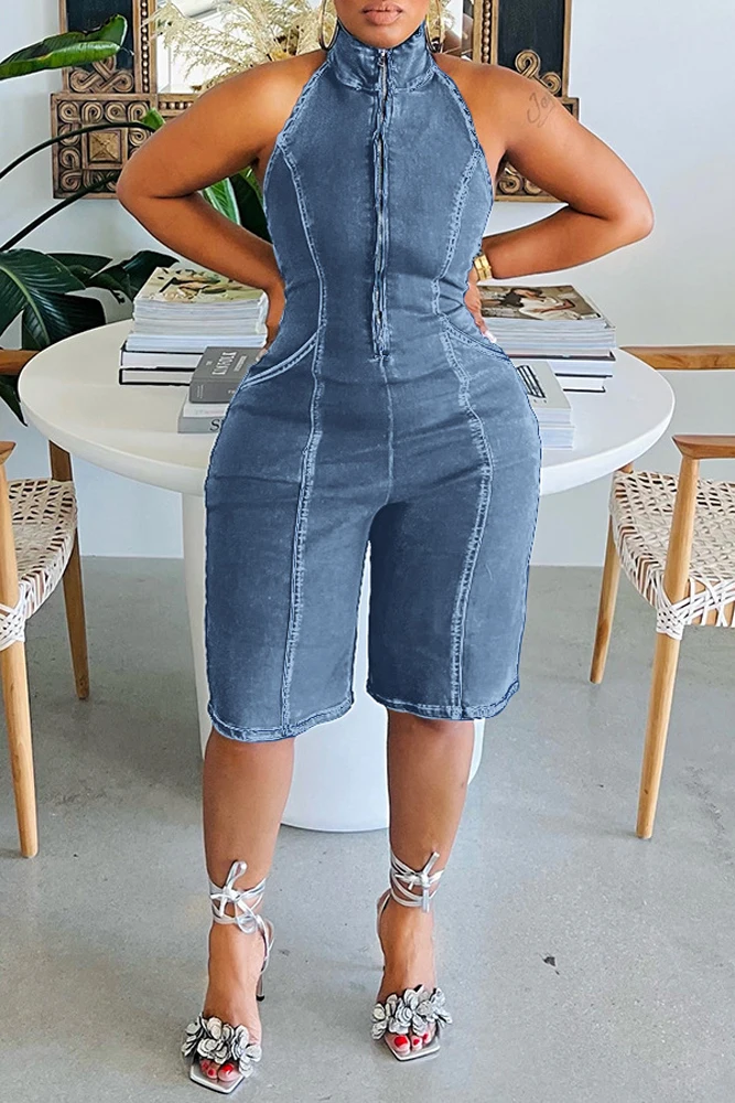 2024 New Fashion Jean Women Summer Clothing Solid Color Mock Neck Half Zip Up Jumpsuit Sleeveless One Piece Stretch Denim Romper