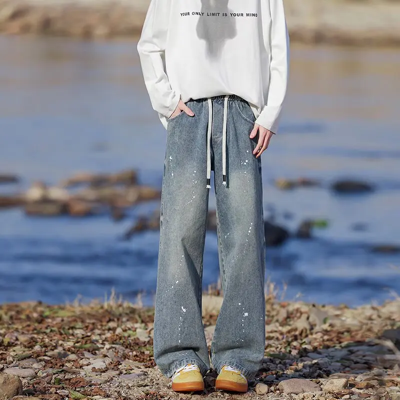 

Retro American Dyeing Denim Jeans Men's Spring Autumn Trendy High Street Loose Casual Washed Drawstring Straight Leg Pants