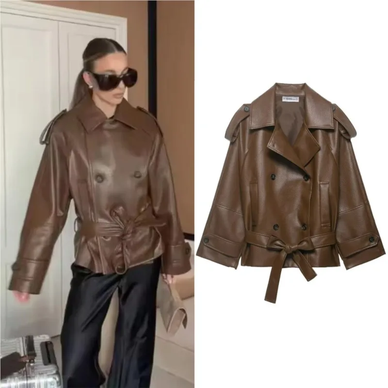 

Women's Faux Leather Short Trench Spring Long Sleeves With Belt Double-Breasted Windbreaker Fashion Female Outerwear Casual Tops