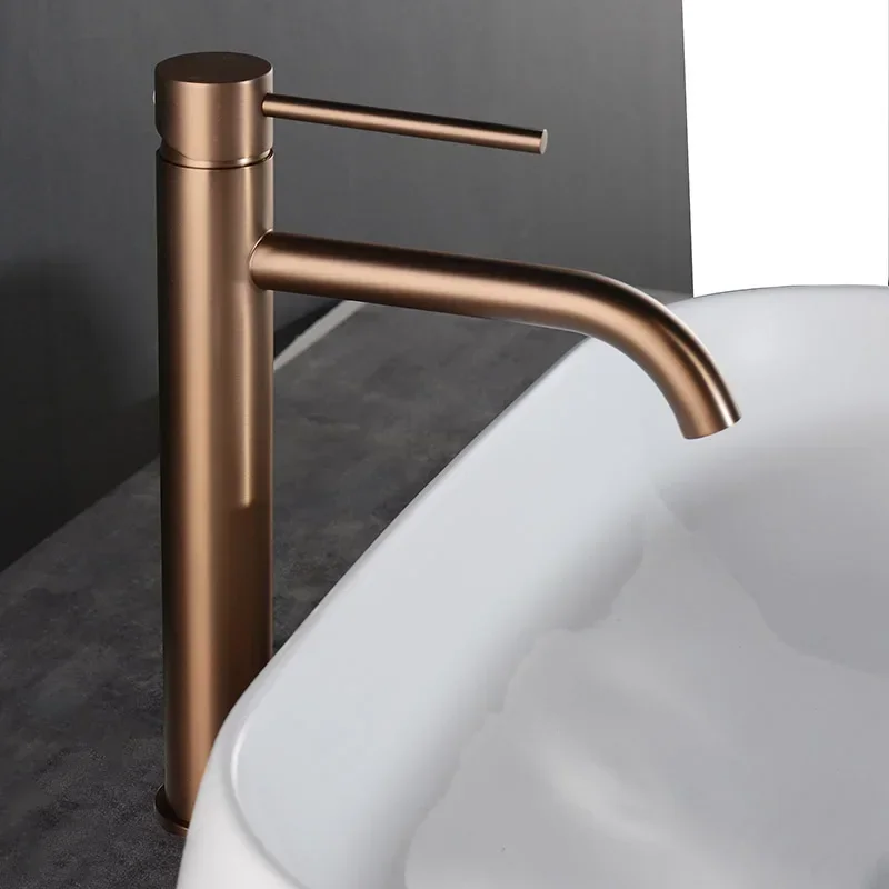 

Brushed Gold Bathroom Basin Faucet Cold and Hot Mixer Water Tap Deck Mounted Single Hole & Handle Tall Style Brushed Rose Gold