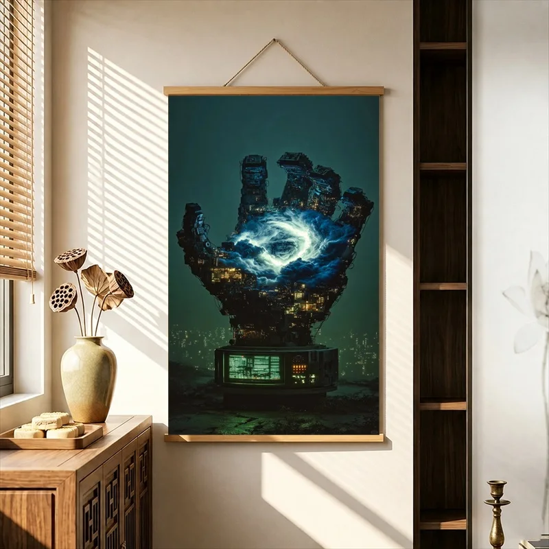 Cool Stuff for Room Mechanical Hands Holding Glowing Galaxies, Pearlescent Canvas Hanging Scroll for Game Room Interior Decor